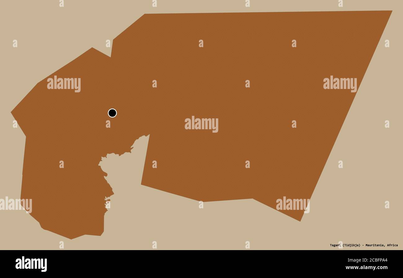 Forme de Tagant, région de Mauritanie, avec sa capitale isolée sur un fond de couleur unie. Composition des textures répétées. Rendu 3D Banque D'Images