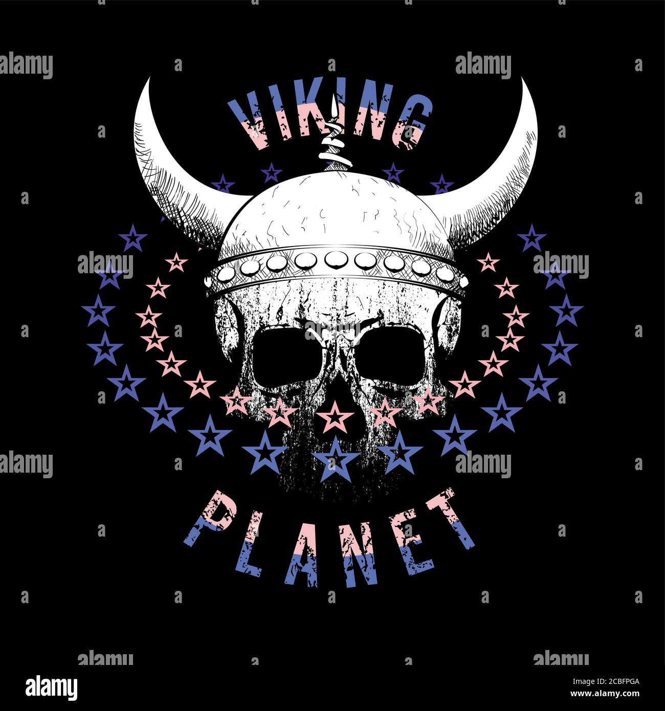 Illustration vectorielle pour t-shirt crâne humain avec casque viking avec étoiles isolées sur le noir Illustration de Vecteur