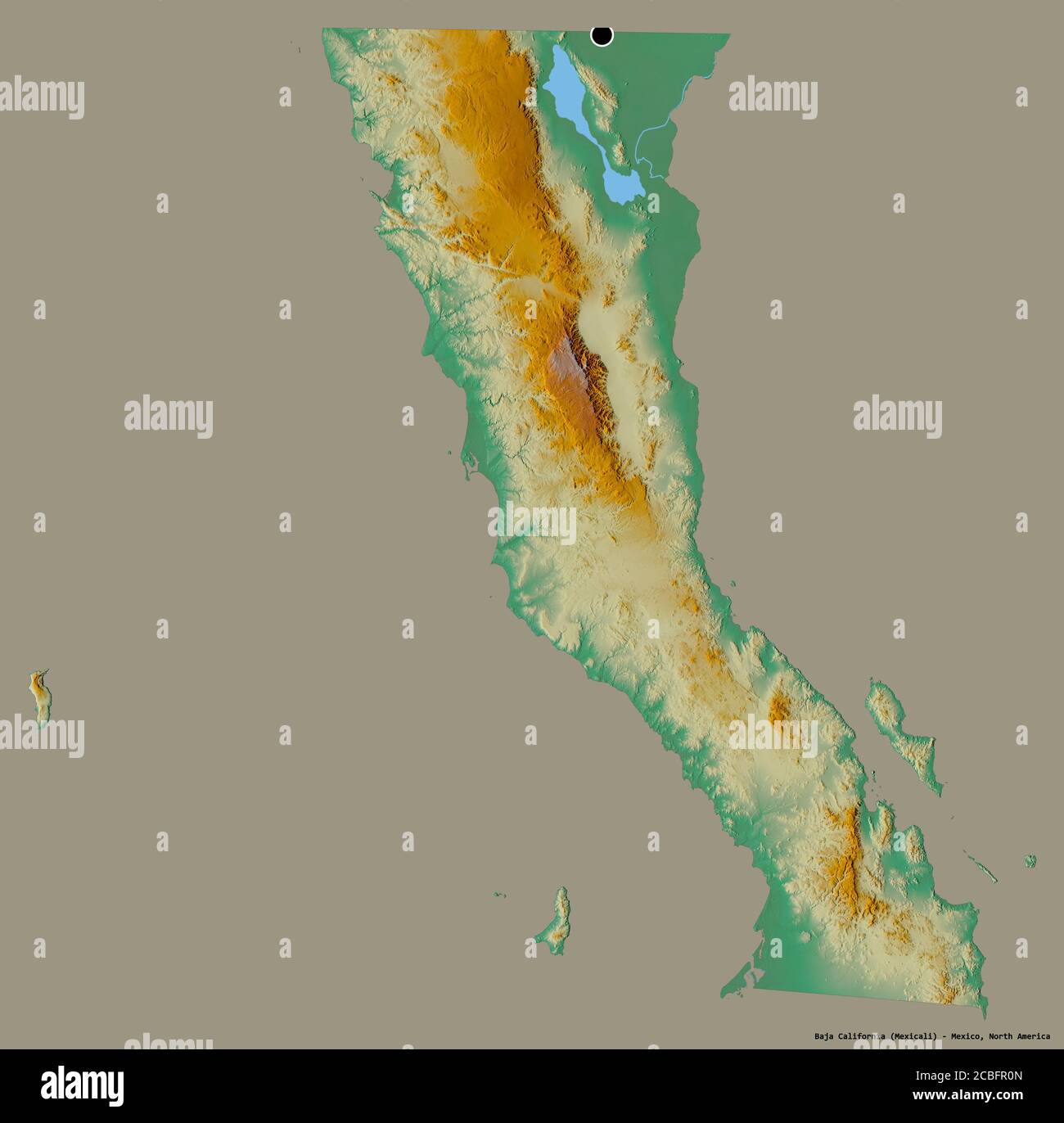 Forme de Baja California, État du Mexique, avec sa capitale isolée sur un fond de couleur unie. Carte topographique de relief. Rendu 3D Banque D'Images