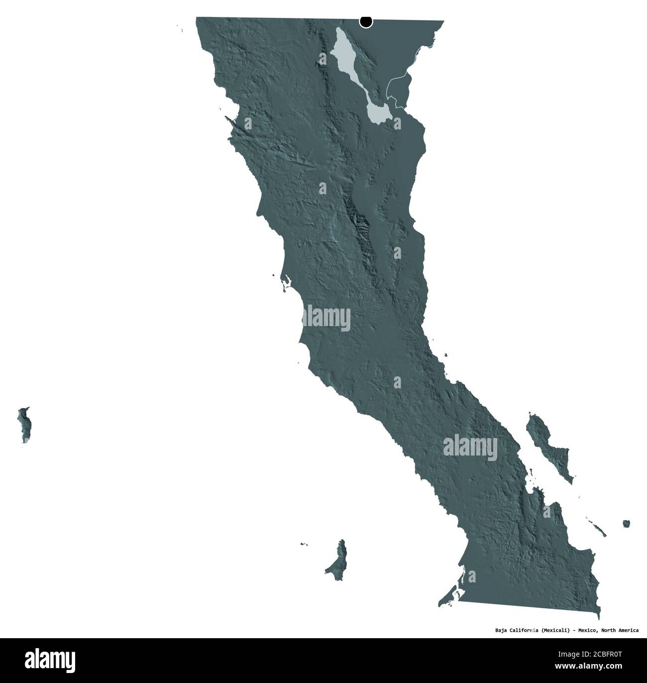 Forme de Baja California, état du Mexique, avec sa capitale isolée sur fond blanc. Carte d'altitude en couleur. Rendu 3D Banque D'Images