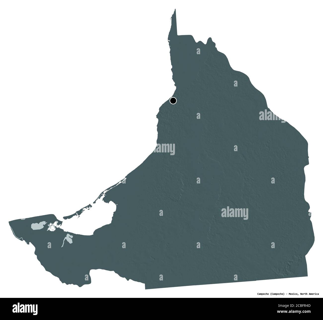 Forme de Campeche, État du Mexique, avec sa capitale isolée sur fond blanc. Carte d'altitude en couleur. Rendu 3D Banque D'Images