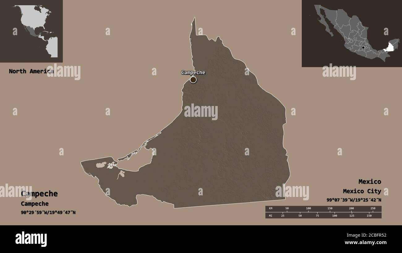 Forme de Campeche, état du Mexique, et sa capitale. Echelle de distance, aperçus et étiquettes. Carte d'altitude en couleur. Rendu 3D Banque D'Images