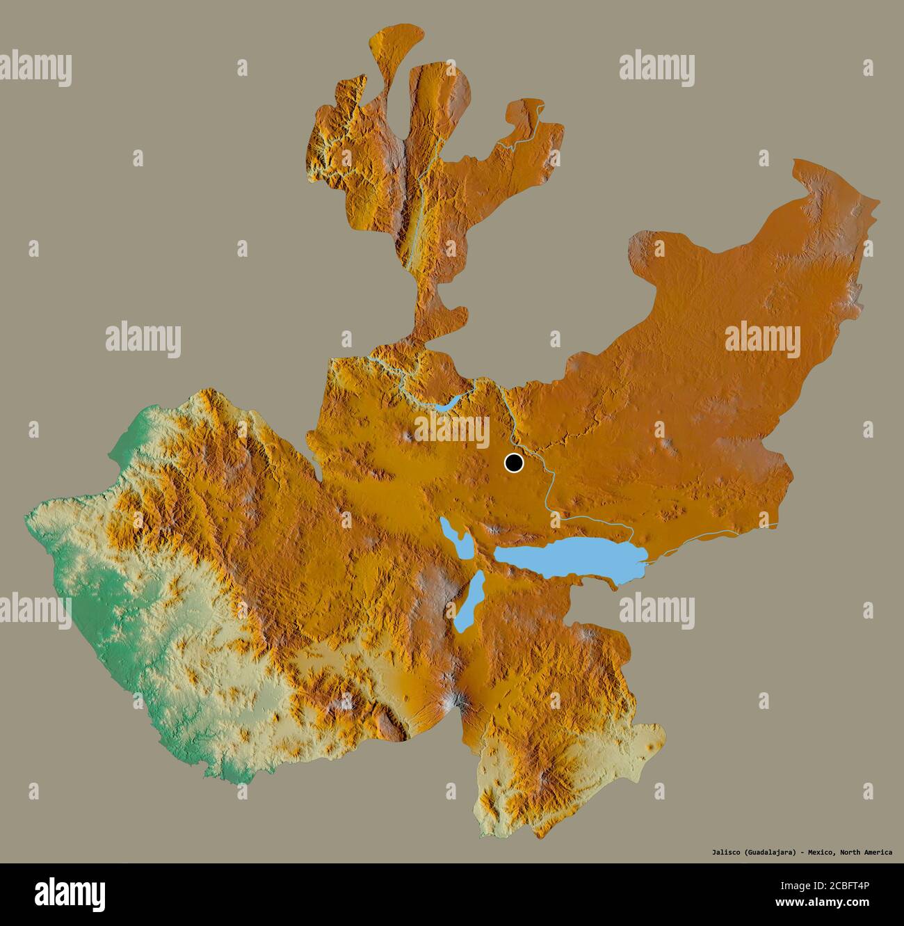 Forme de Jalisco, État du Mexique, avec sa capitale isolée sur un fond de couleur unie. Carte topographique de relief. Rendu 3D Banque D'Images