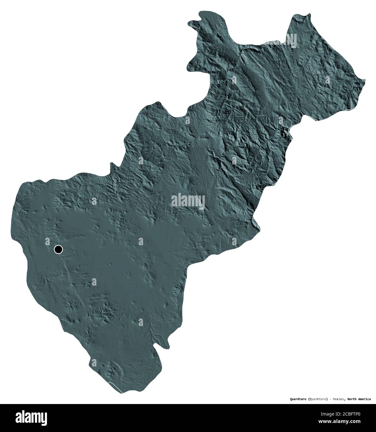Forme de Querétaro, état du Mexique, avec sa capitale isolée sur fond blanc. Carte d'altitude en couleur. Rendu 3D Banque D'Images