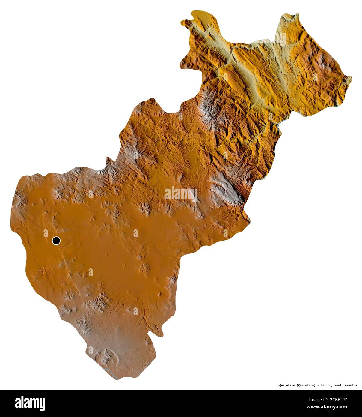 Forme de Querétaro, état du Mexique, avec sa capitale isolée sur fond blanc. Carte topographique de relief. Rendu 3D Banque D'Images