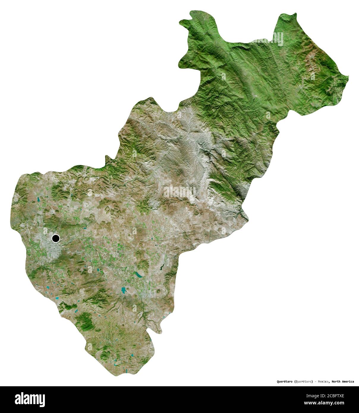 Forme de Querétaro, état du Mexique, avec sa capitale isolée sur fond blanc. Imagerie satellite. Rendu 3D Banque D'Images