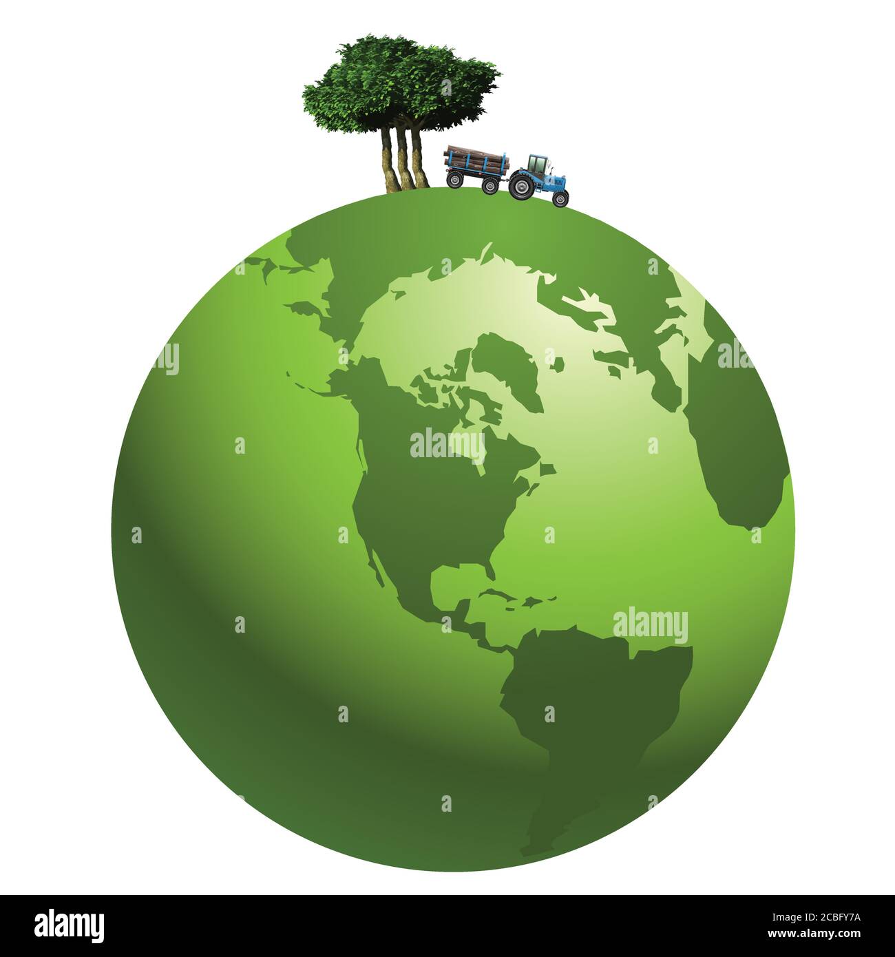 Représentation de la déforestation des forêts tropicales principalement dans les régions tropicales représenté sur une planète verte, isolée sur fond blanc Illustration de Vecteur