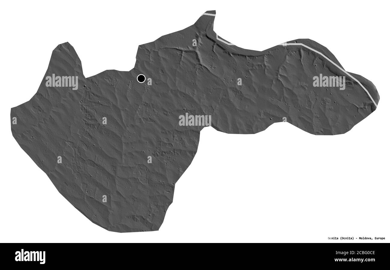 Forme de Ocniţa, district de Moldova, avec sa capitale isolée sur fond blanc. Carte d'élévation à deux niveaux. Rendu 3D Banque D'Images