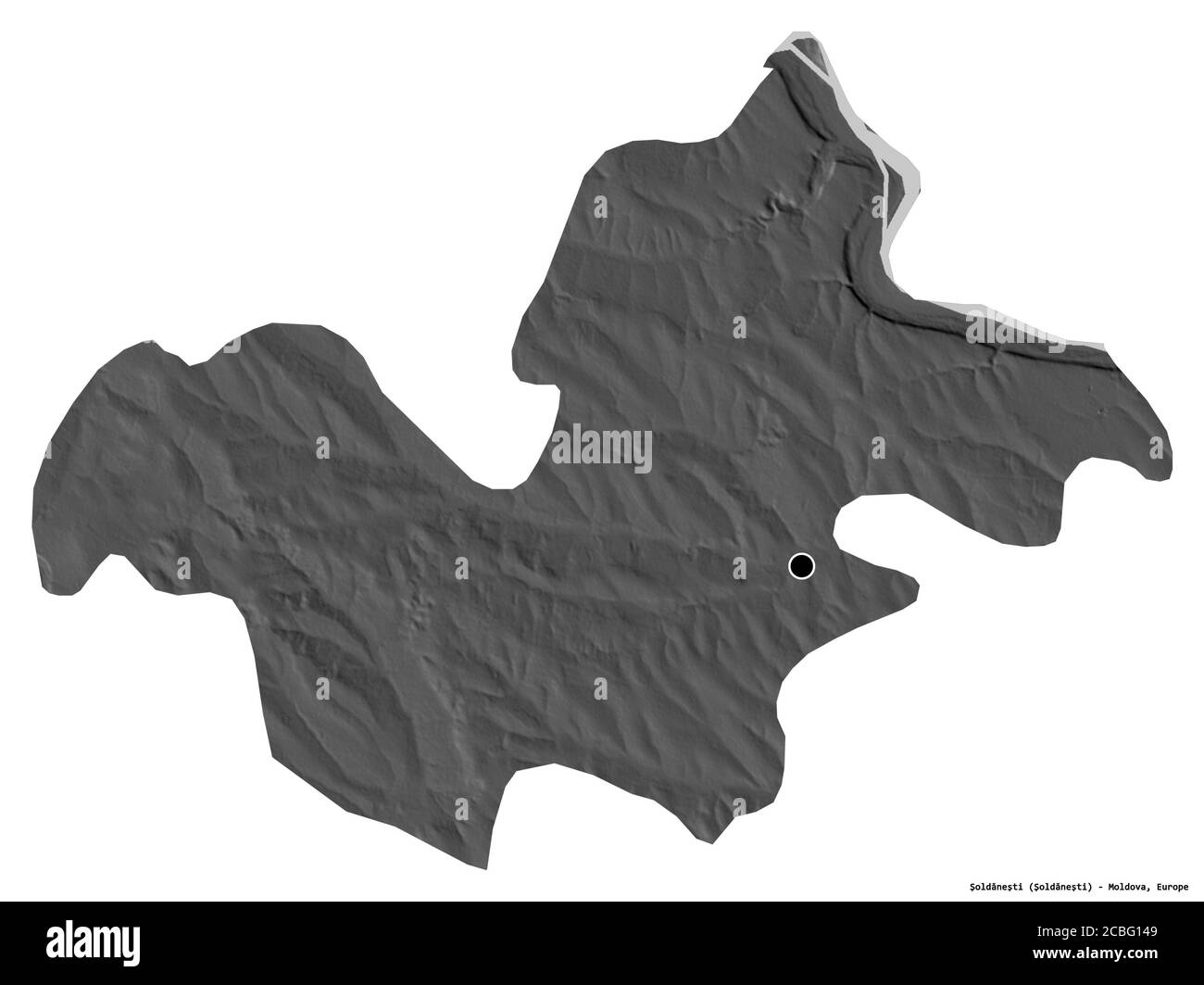 Forme de Şoldăneşti, district de Moldova, avec sa capitale isolée sur fond blanc. Carte d'élévation à deux niveaux. Rendu 3D Banque D'Images