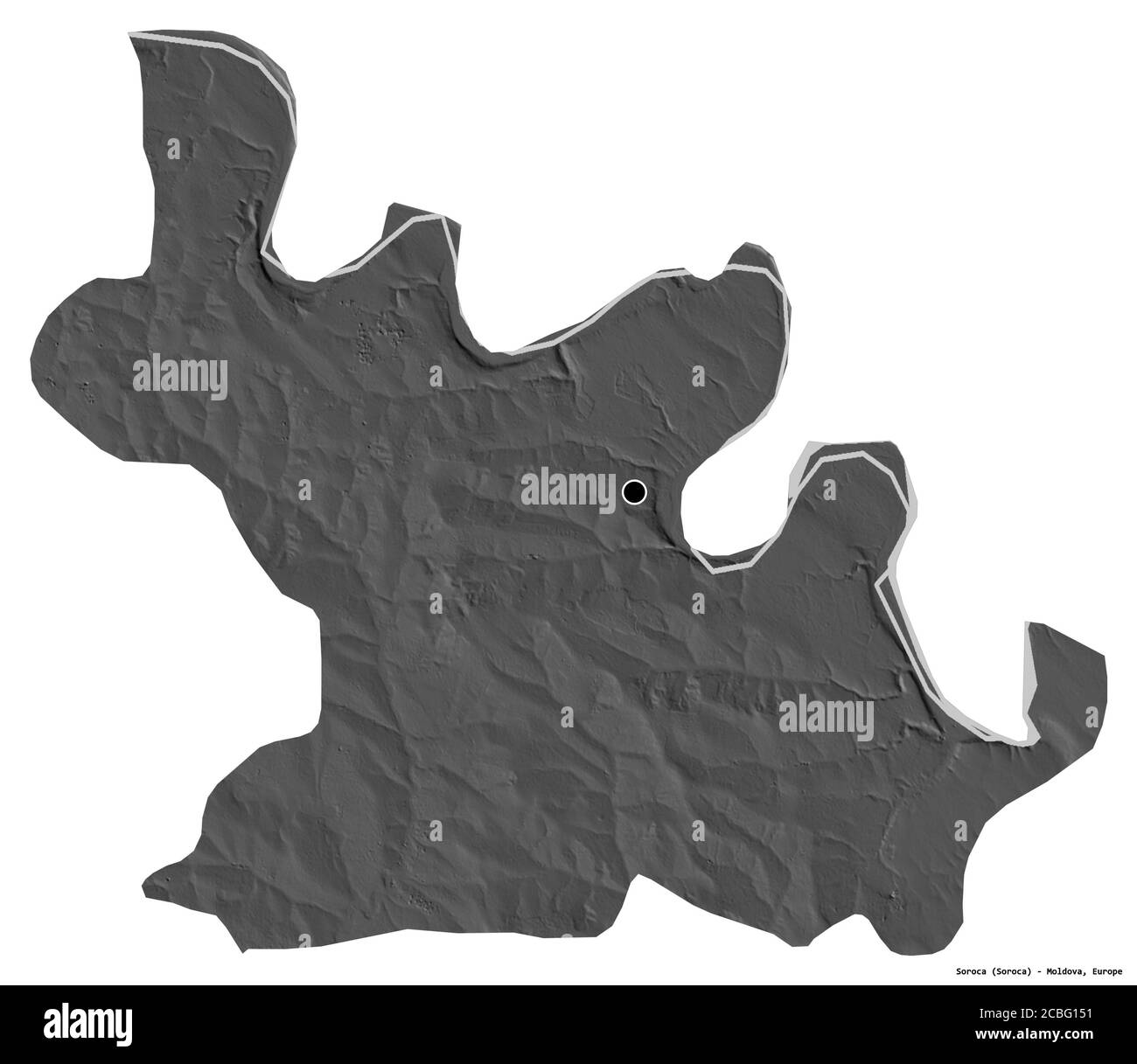 Forme de Soroca, district de Moldova, avec sa capitale isolée sur fond blanc. Carte d'élévation à deux niveaux. Rendu 3D Banque D'Images