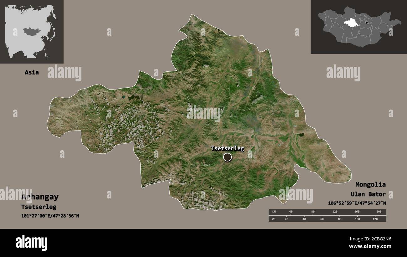 Forme d'Arhangay, province de Mongolie, et sa capitale. Echelle de distance, aperçus et étiquettes. Imagerie satellite. Rendu 3D Banque D'Images