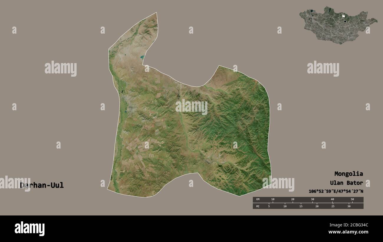 Forme de Darhan-Uul, municipalité de Mongolie, avec sa capitale isolée sur fond solide. Échelle de distance, aperçu de la région et libellés. IMA satellite Banque D'Images