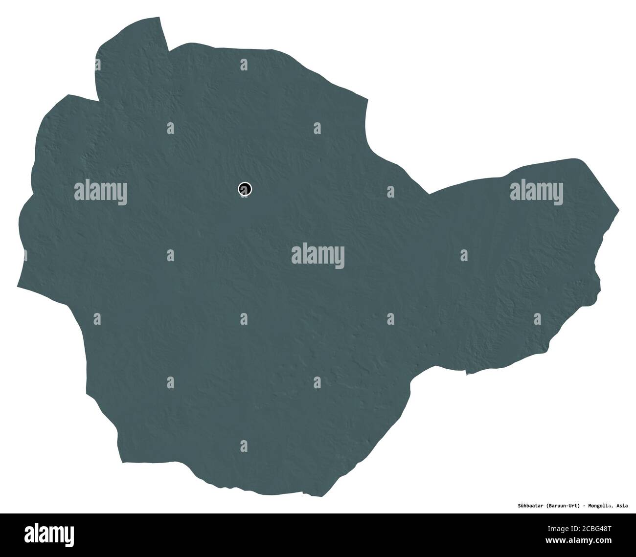 Forme de Sühbaatar, province de Mongolie, avec sa capitale isolée sur fond blanc. Carte d'altitude en couleur. Rendu 3D Banque D'Images