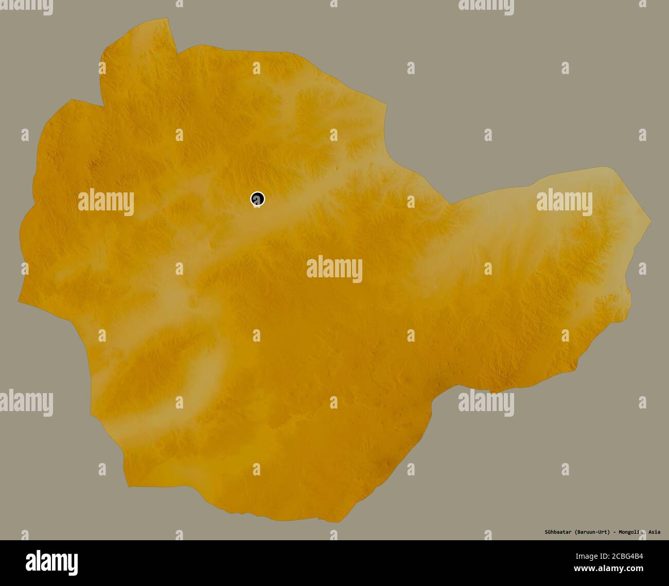Forme de Sühbaatar, province de Mongolie, avec sa capitale isolée sur un fond de couleur unie. Carte topographique de relief. Rendu 3D Banque D'Images