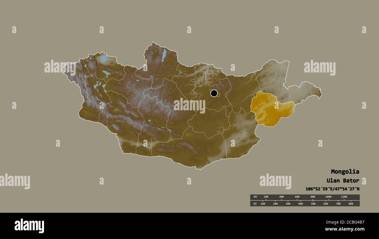 La Mongolie est en forme de désaturation avec sa capitale, sa principale division régionale et la zone séparée de Sühbaatar. Étiquettes. Carte topographique de relief. Rendu 3D Banque D'Images