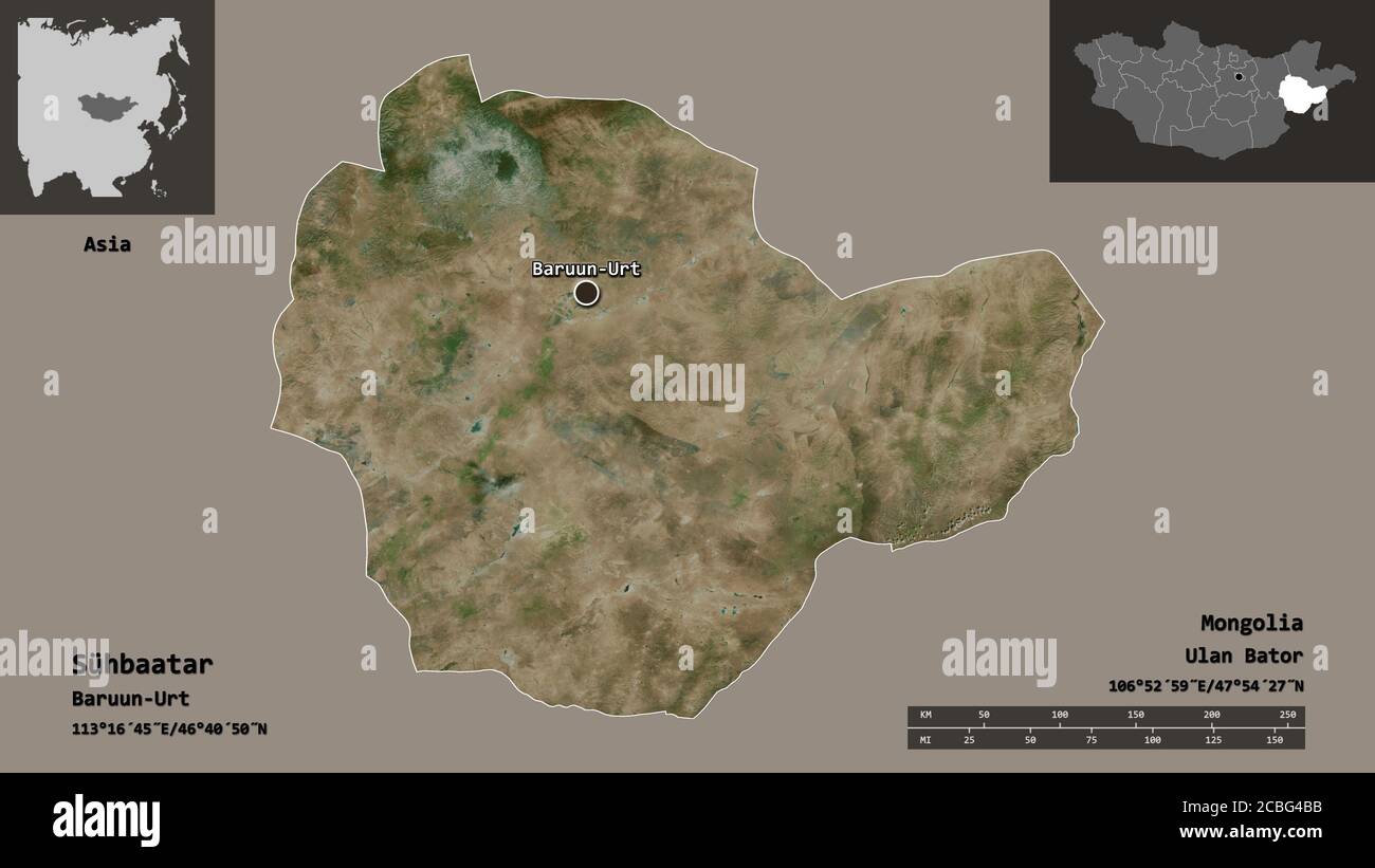 Forme de Sühbaatar, province de Mongolie, et sa capitale. Echelle de distance, aperçus et étiquettes. Imagerie satellite. Rendu 3D Banque D'Images