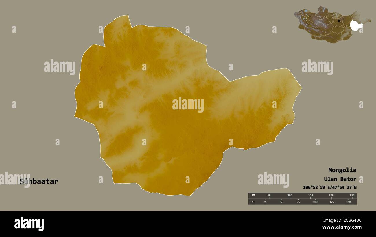 Forme de Sühbaatar, province de Mongolie, avec sa capitale isolée sur fond solide. Échelle de distance, aperçu de la région et libellés. Relief topographique Banque D'Images