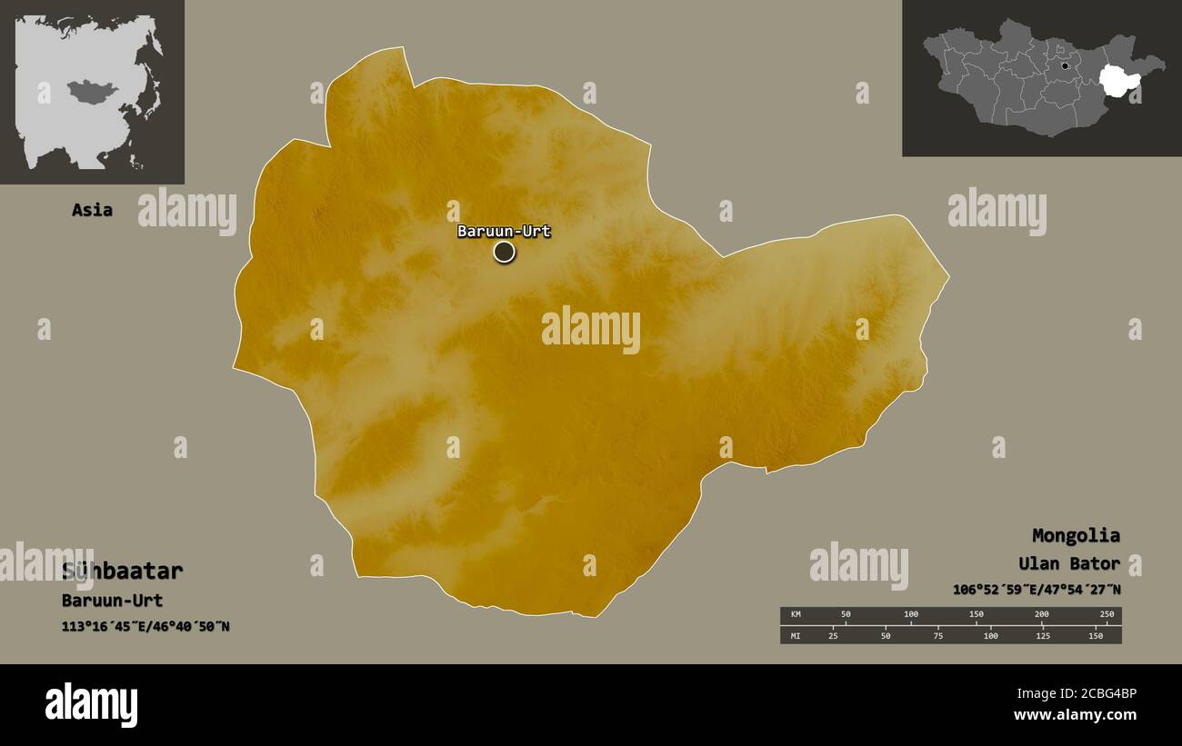 Forme de Sühbaatar, province de Mongolie, et sa capitale. Echelle de distance, aperçus et étiquettes. Carte topographique de relief. Rendu 3D Banque D'Images
