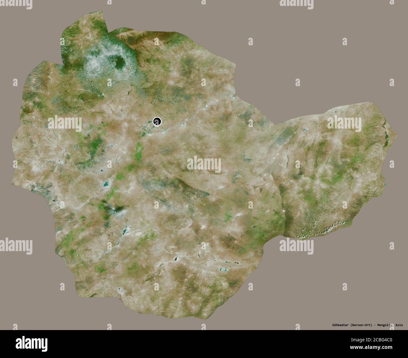Forme de Sühbaatar, province de Mongolie, avec sa capitale isolée sur un fond de couleur unie. Imagerie satellite. Rendu 3D Banque D'Images