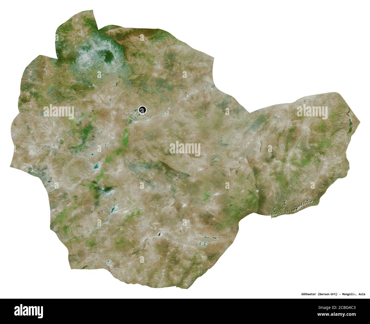 Forme de Sühbaatar, province de Mongolie, avec sa capitale isolée sur fond blanc. Imagerie satellite. Rendu 3D Banque D'Images