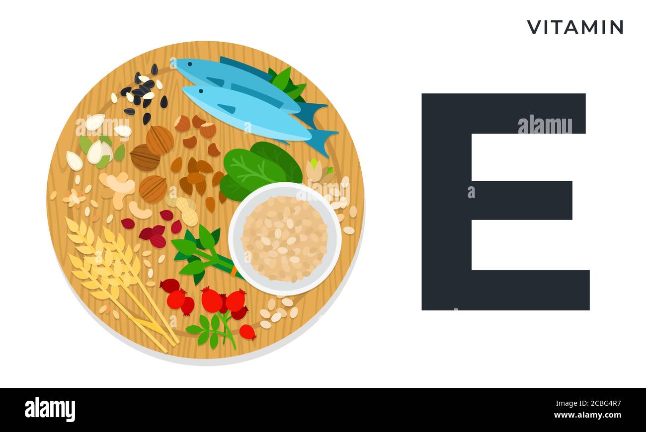Les composants nutritionnels de la vitamine E vecteur illustrations dans le style plat. Produits ayant la teneur maximale en vitamine E. Illustration de Vecteur