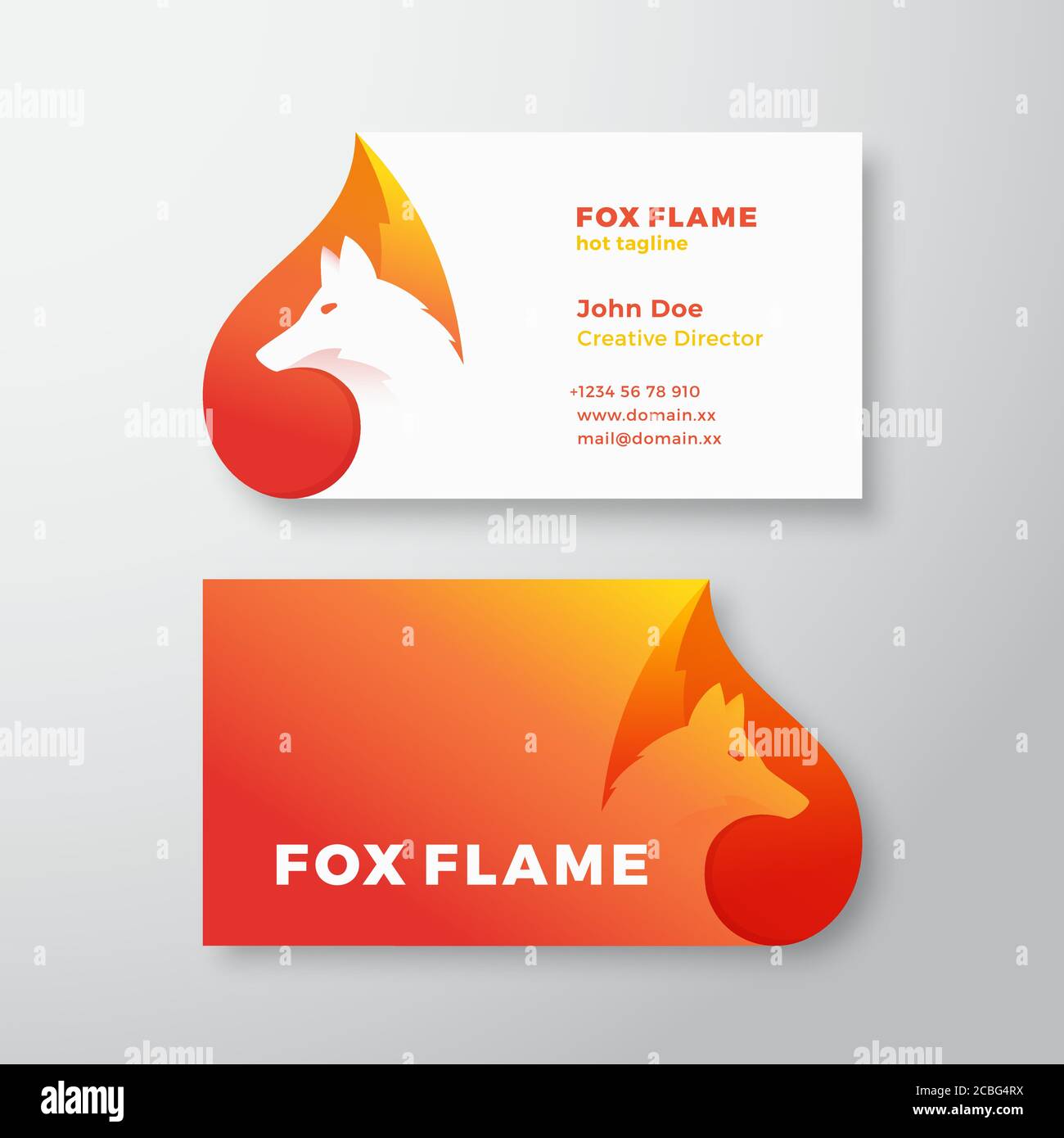 Logo vectoriel de flamme renard et modèle de carte de visite. Espace négatif visage d'animal moderne simple concept de conception. Maquette haut de gamme, papeterie et réalisme Illustration de Vecteur