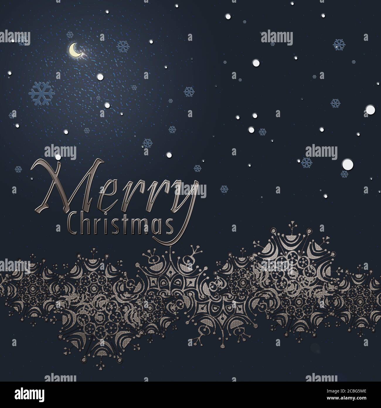 Fond bleu de Noël spectaculaire avec des flocons de neige étincelants, une texture pailletée et de la neige. Texte joyeux Noël brillant. Copier l'espace. Illustration 3D. Banque D'Images