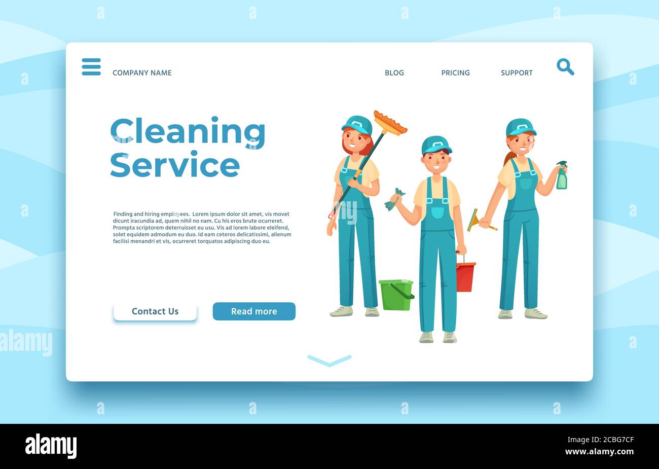 Page d'accueil du service de nettoyage. Entretien ménager professionnel, personnes avec équipement spécial Illustration de Vecteur
