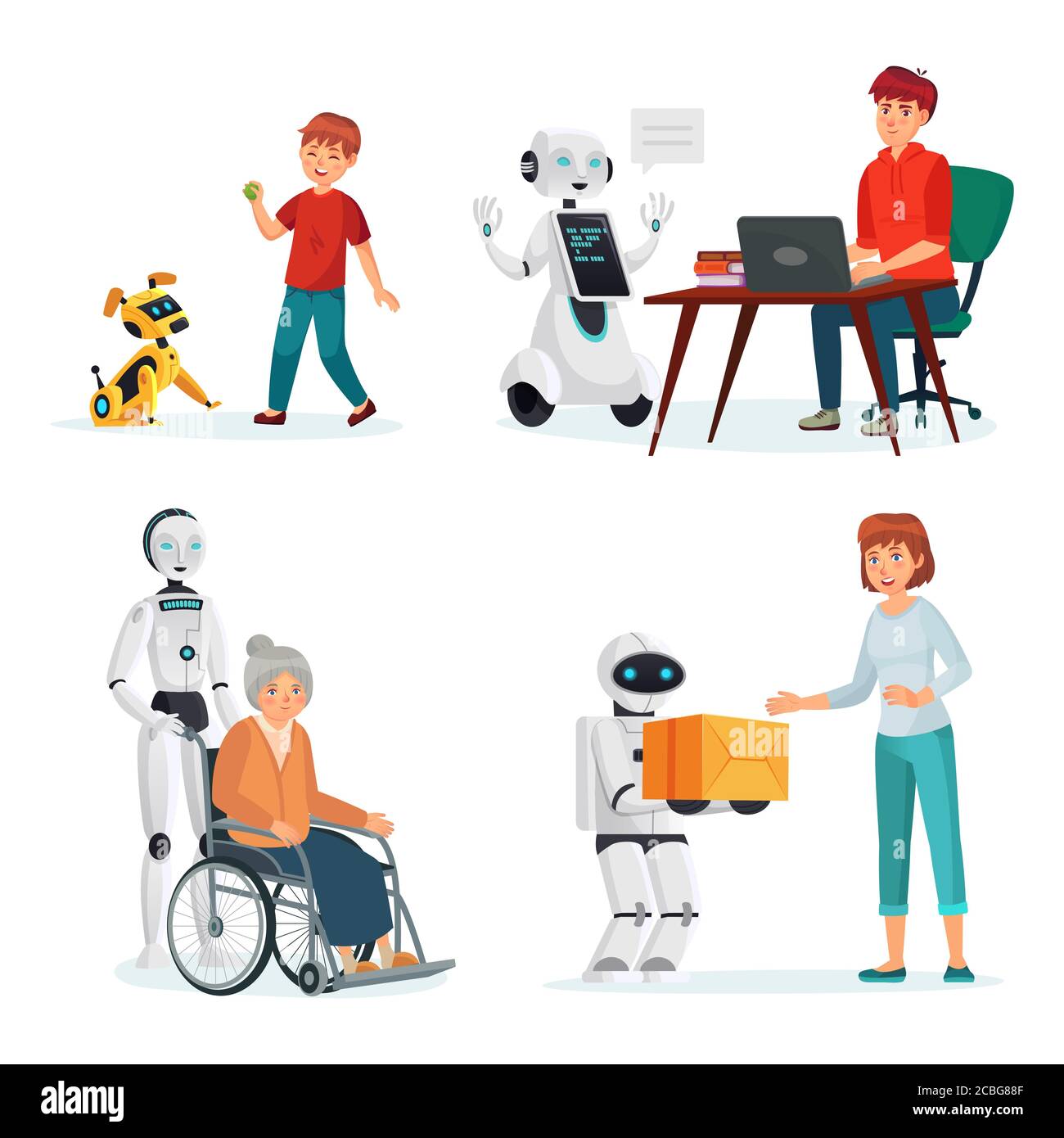 Les robots interagissent avec les gens dans diverses situations Illustration de Vecteur