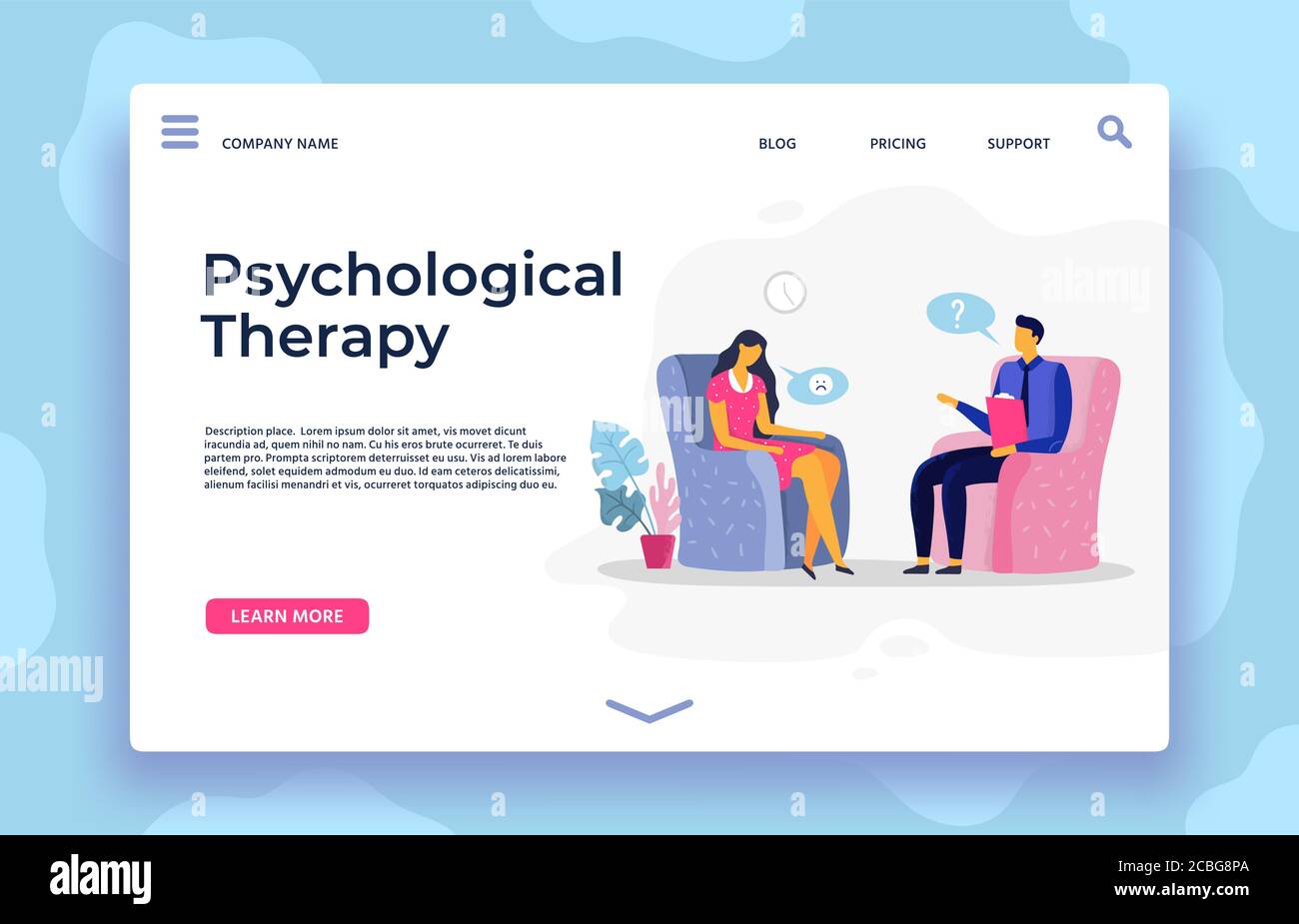 Page d'accueil de la thérapie psychologique, personnage de dépression et soutien psychothérapeute Illustration de Vecteur