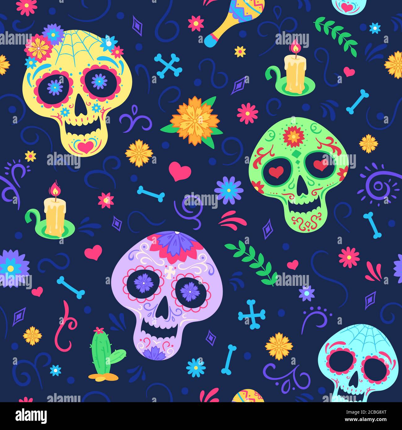 Modèle dia de los muertos. Les symboles des fêtes des morts-vivants, les crânes et les fleurs, les bougies et les maracas. Texture vectorielle sans couture de couleur mexicaine Illustration de Vecteur