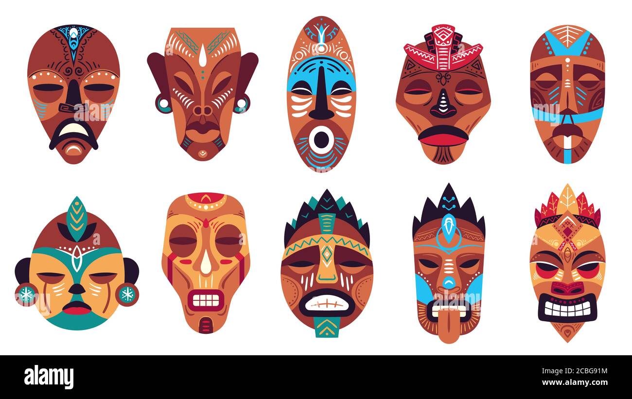 Masque tribal. Couleur totem hawaïen, rituels ou cérémoniels masques africains, hawaïens ou aztèques, ensemble de symboles traditionnels exotiques en bois rituels ensemble de vecteur Illustration de Vecteur