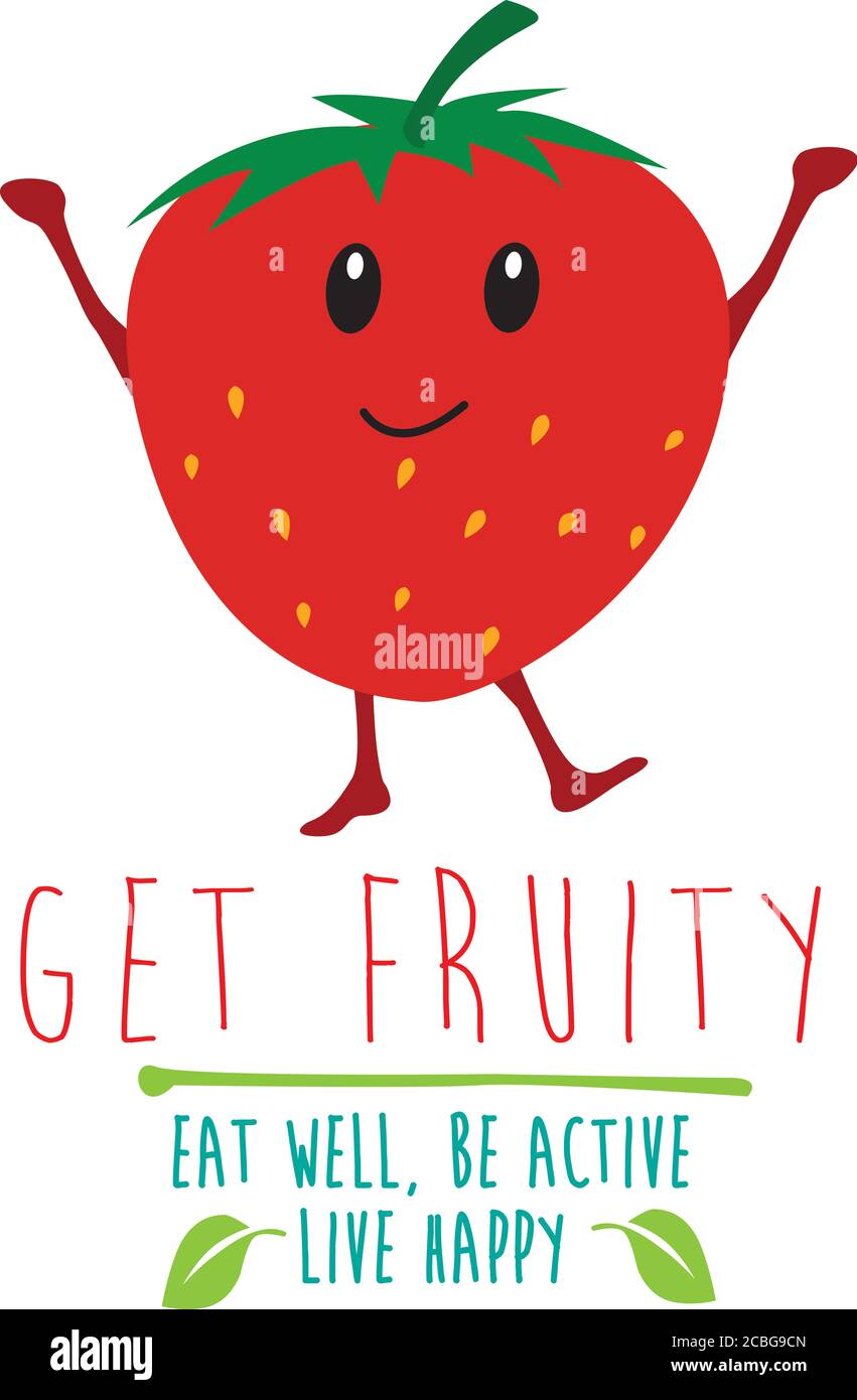 kawaii fruit dessin animé fruit fraise pour le web, internet ou l'utilisation d'affiche comme modèles avec le manger bien, être actif, message heureux en direct Banque D'Images