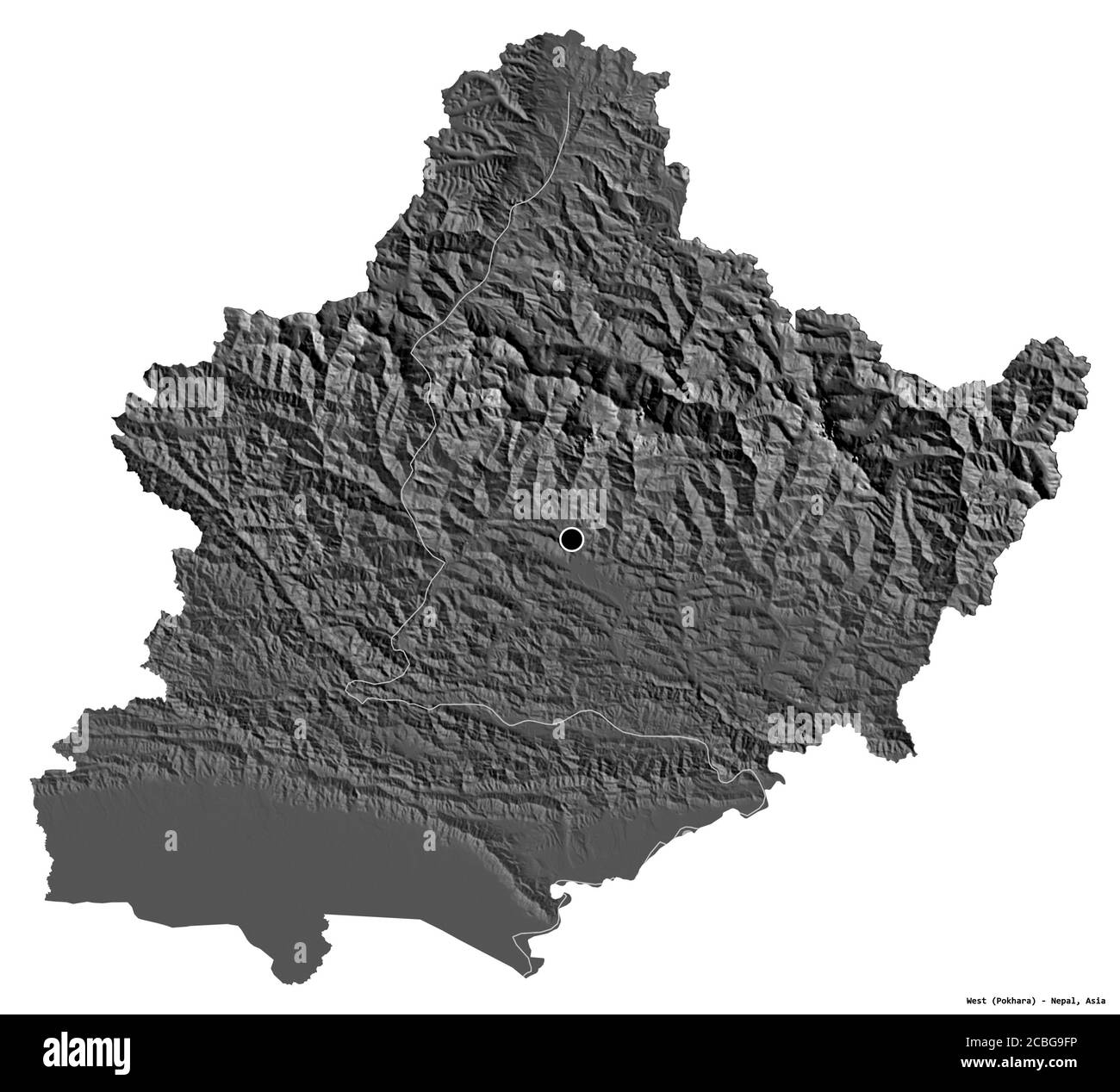 Forme de l'Ouest, région de développement du Népal, avec sa capitale isolée sur fond blanc. Carte d'élévation à deux niveaux. Rendu 3D Banque D'Images