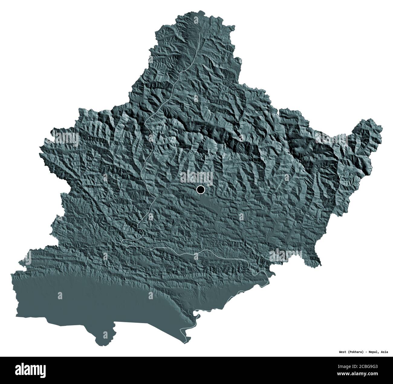 Forme de l'Ouest, région de développement du Népal, avec sa capitale isolée sur fond blanc. Carte d'altitude en couleur. Rendu 3D Banque D'Images