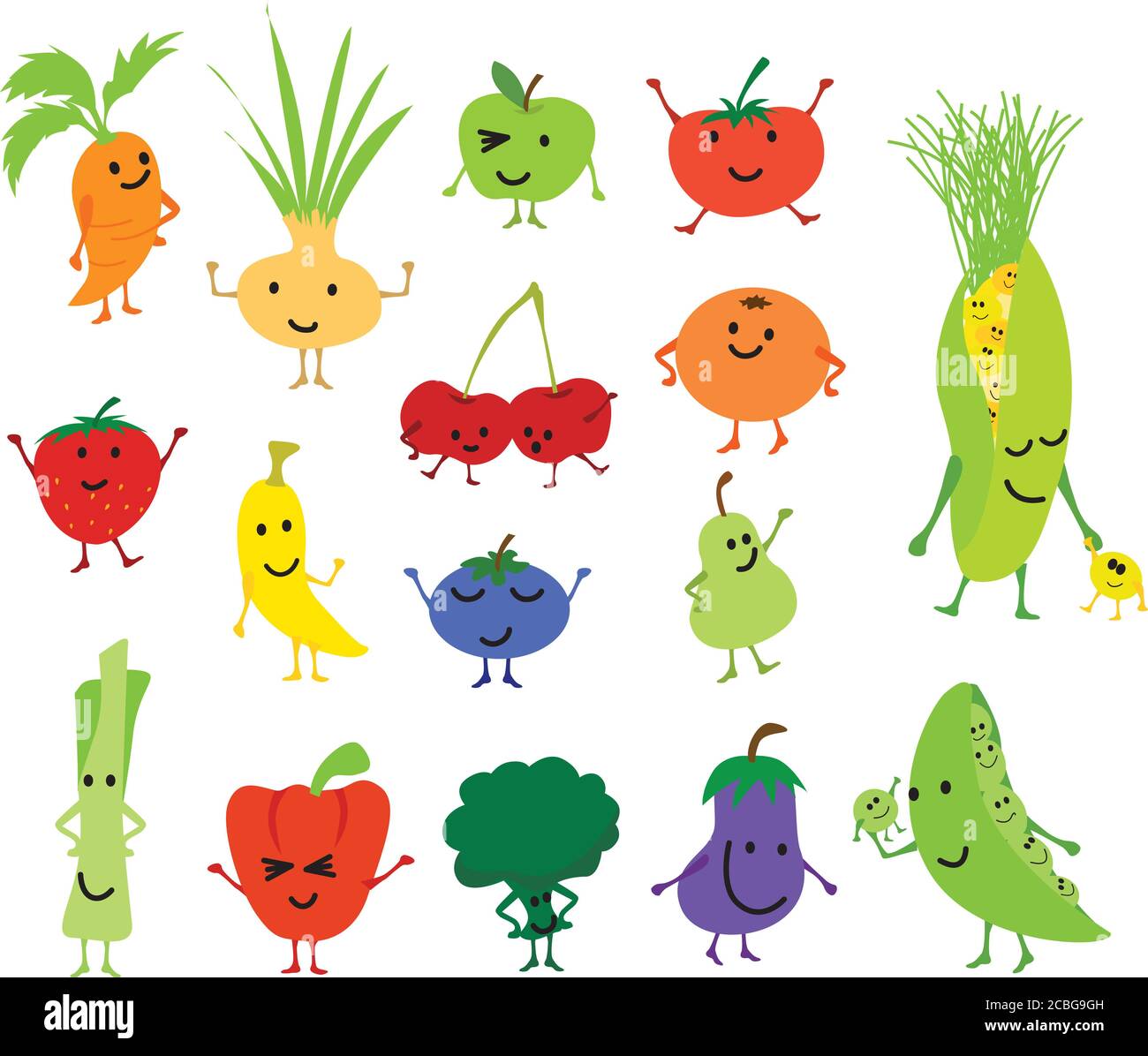 Dessin animé vecteur kawaii fruits et légumes mignons et drôles, personnages isolés sur fond blanc Banque D'Images