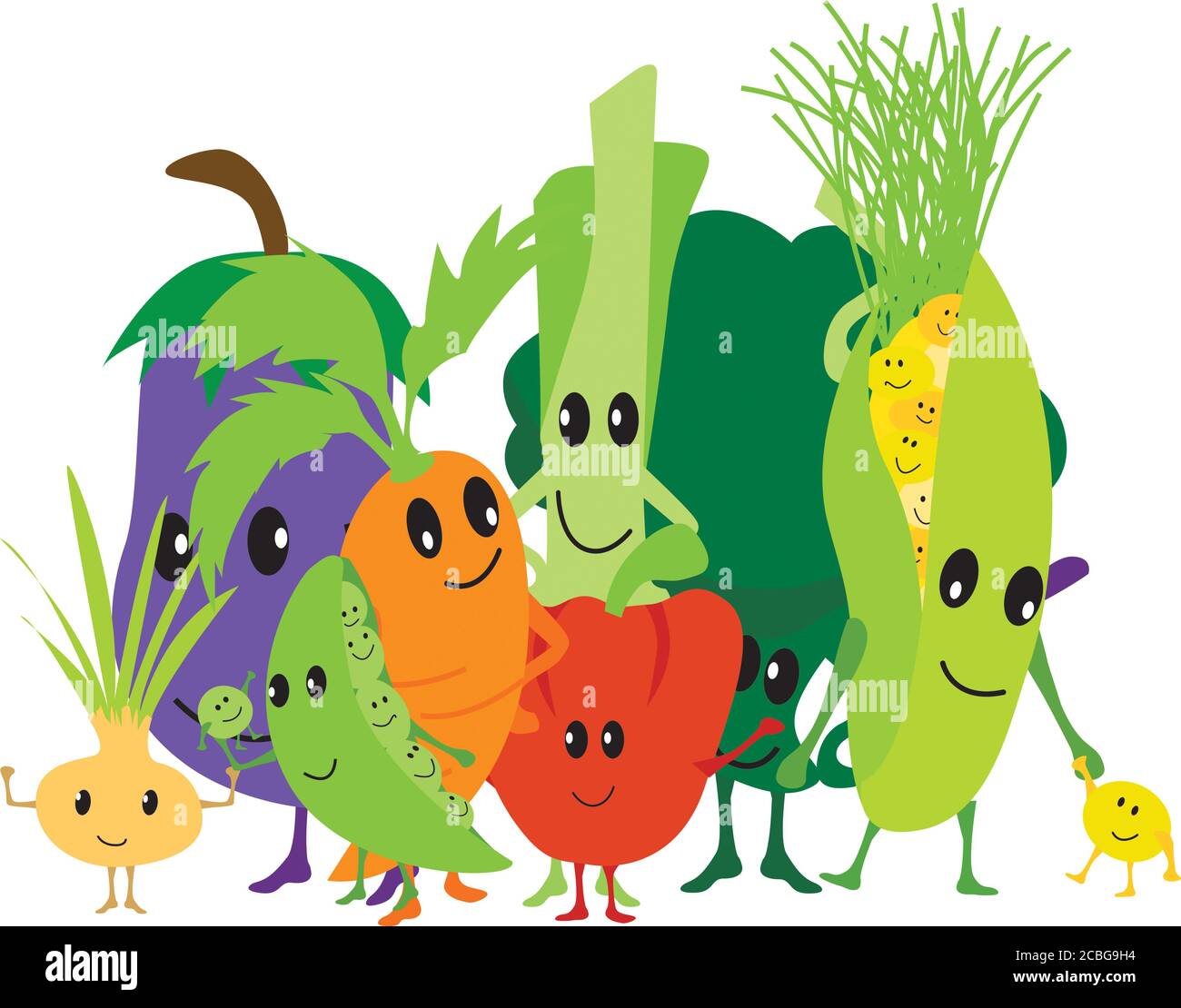 Dessin animé vecteur kawaii mignon et drôle veg, caractères isolés sur fond blanc Banque D'Images