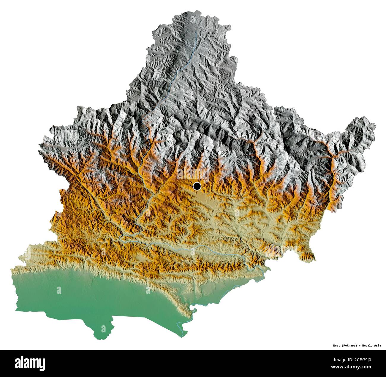 Forme de l'Ouest, région de développement du Népal, avec sa capitale isolée sur fond blanc. Carte topographique de relief. Rendu 3D Banque D'Images