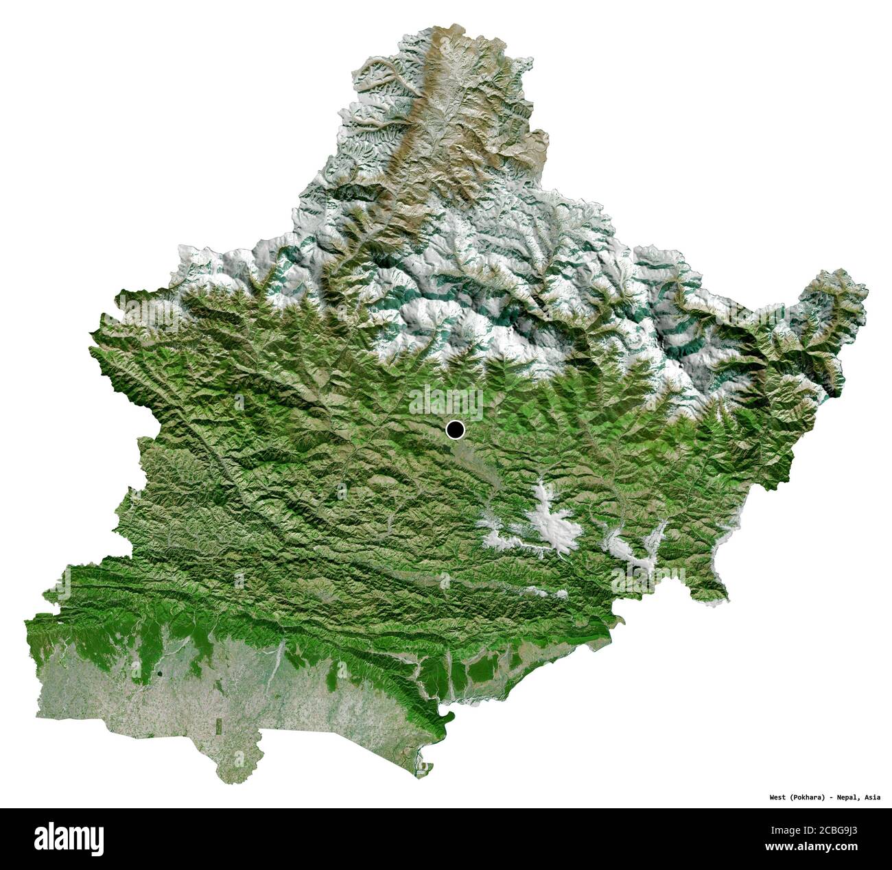Forme de l'Ouest, région de développement du Népal, avec sa capitale isolée sur fond blanc. Imagerie satellite. Rendu 3D Banque D'Images