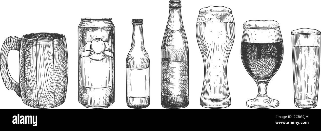 Bière d'esquisse. Verres à bière, mugs et bouteilles avec bière, objet pour le Web, poster et invitation à la fête ou pub menu vintage dessiné à la main ensemble vectoriel Illustration de Vecteur