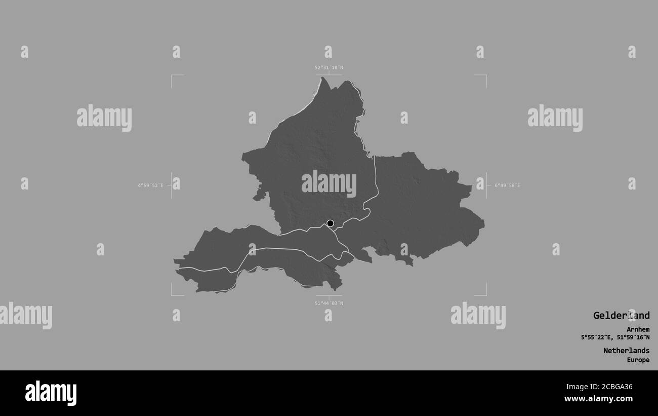 Zone de Gelderland, province des pays-Bas, isolée sur un fond solide dans une boîte englobante géoréférencée. Étiquettes. Carte d'élévation à deux niveaux. Rendu 3D Banque D'Images