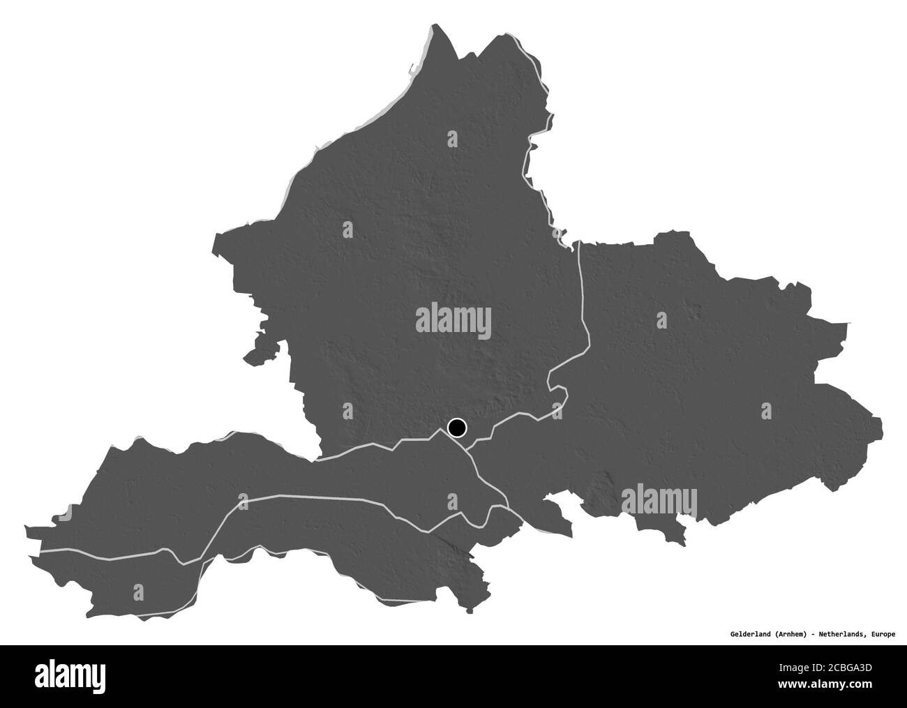 Forme de la Gelderland, province des pays-Bas, avec sa capitale isolée sur fond blanc. Carte d'élévation à deux niveaux. Rendu 3D Banque D'Images