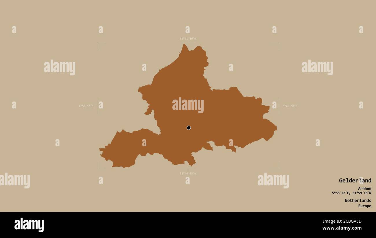 Zone de Gelderland, province des pays-Bas, isolée sur un fond solide dans une boîte englobante géoréférencée. Étiquettes. Composition des textures répétées Banque D'Images