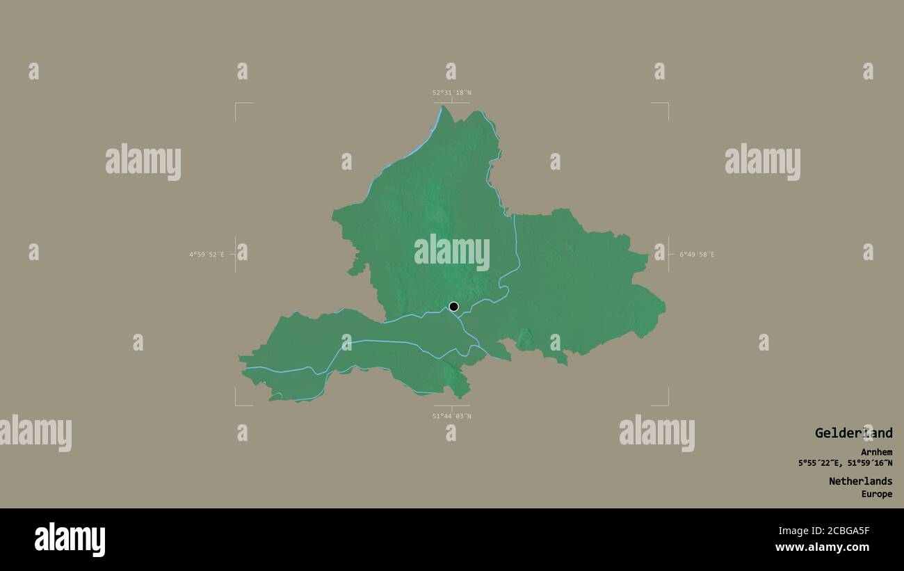 Zone de Gelderland, province des pays-Bas, isolée sur un fond solide dans une boîte englobante géoréférencée. Étiquettes. Carte topographique de relief. Rendu 3D Banque D'Images