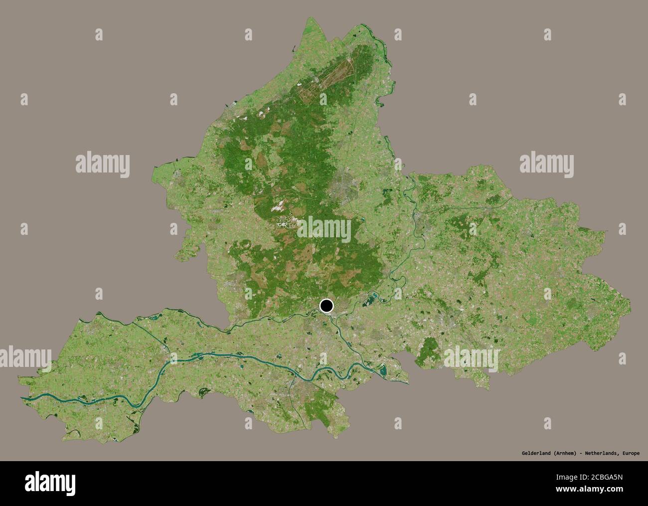 Forme de la Gelderland, province des pays-Bas, avec sa capitale isolée sur un fond de couleur unie. Imagerie satellite. Rendu 3D Banque D'Images