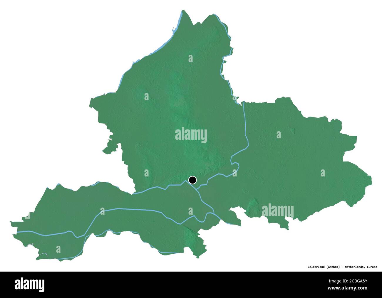 Forme de la Gelderland, province des pays-Bas, avec sa capitale isolée sur fond blanc. Carte topographique de relief. Rendu 3D Banque D'Images