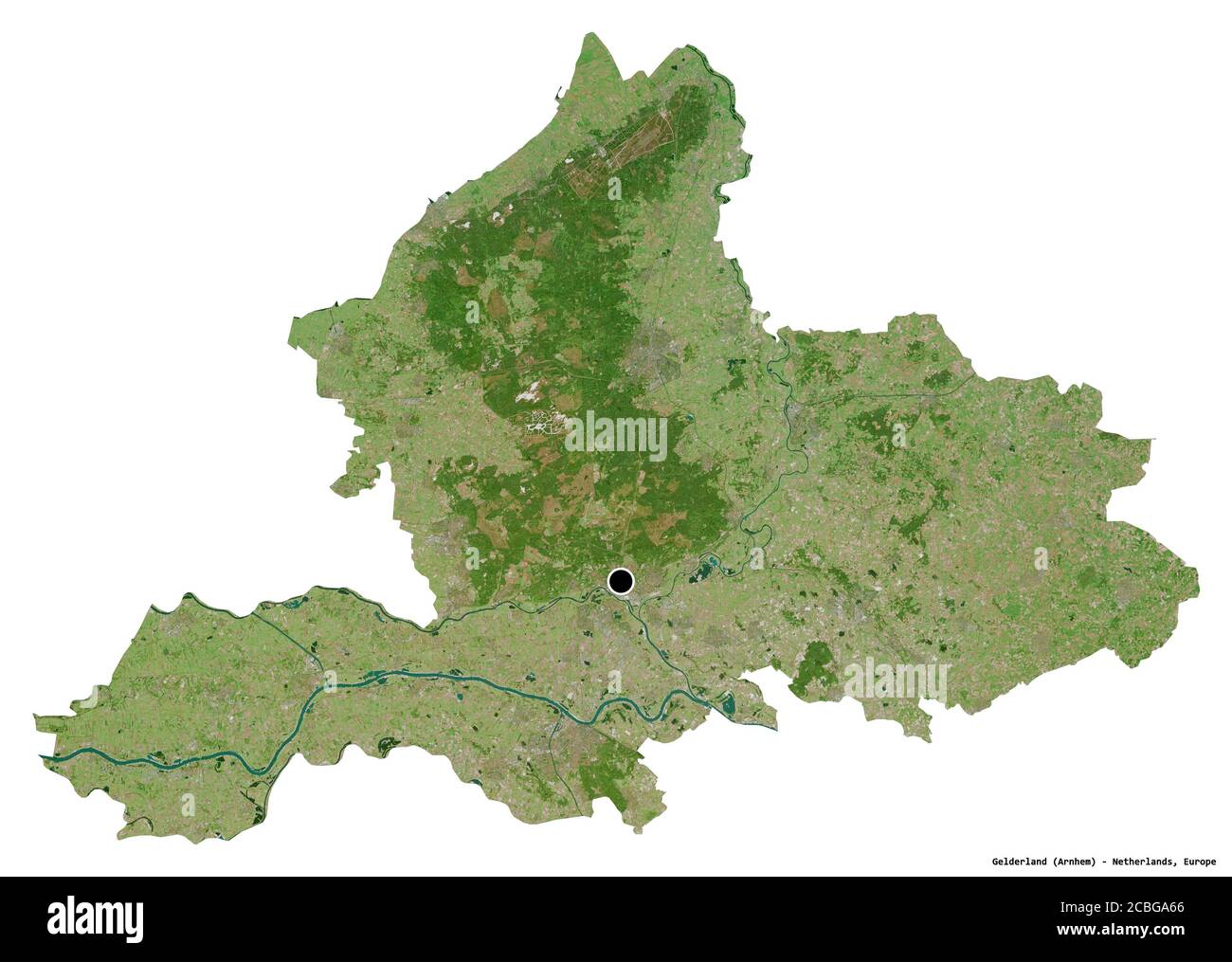 Forme de la Gelderland, province des pays-Bas, avec sa capitale isolée sur fond blanc. Imagerie satellite. Rendu 3D Banque D'Images