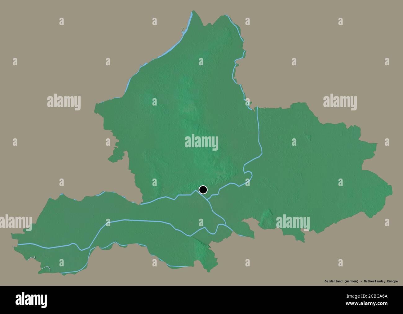 Forme de la Gelderland, province des pays-Bas, avec sa capitale isolée sur un fond de couleur unie. Carte topographique de relief. Rendu 3D Banque D'Images