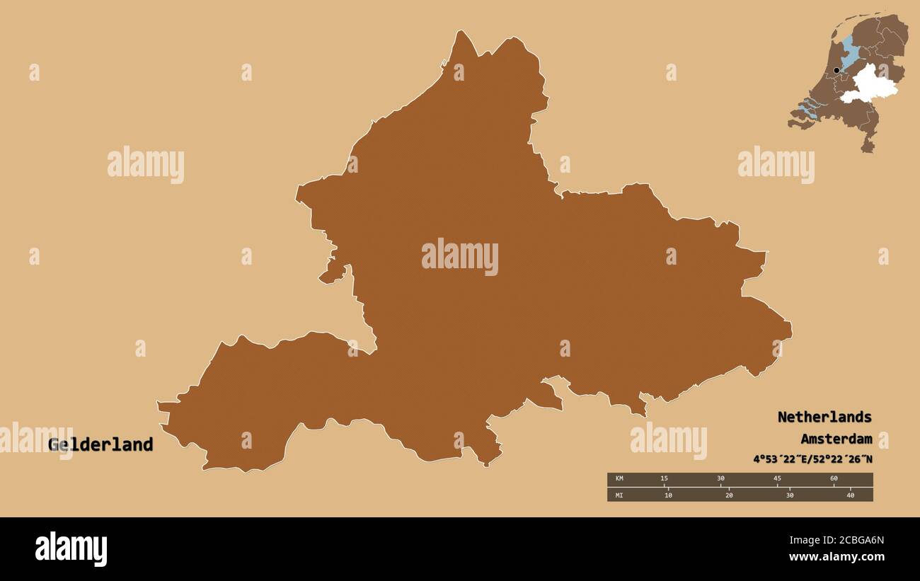 Forme de la Gelderland, province des pays-Bas, avec sa capitale isolée sur fond solide. Échelle de distance, aperçu de la région et libellés. Composition de Banque D'Images