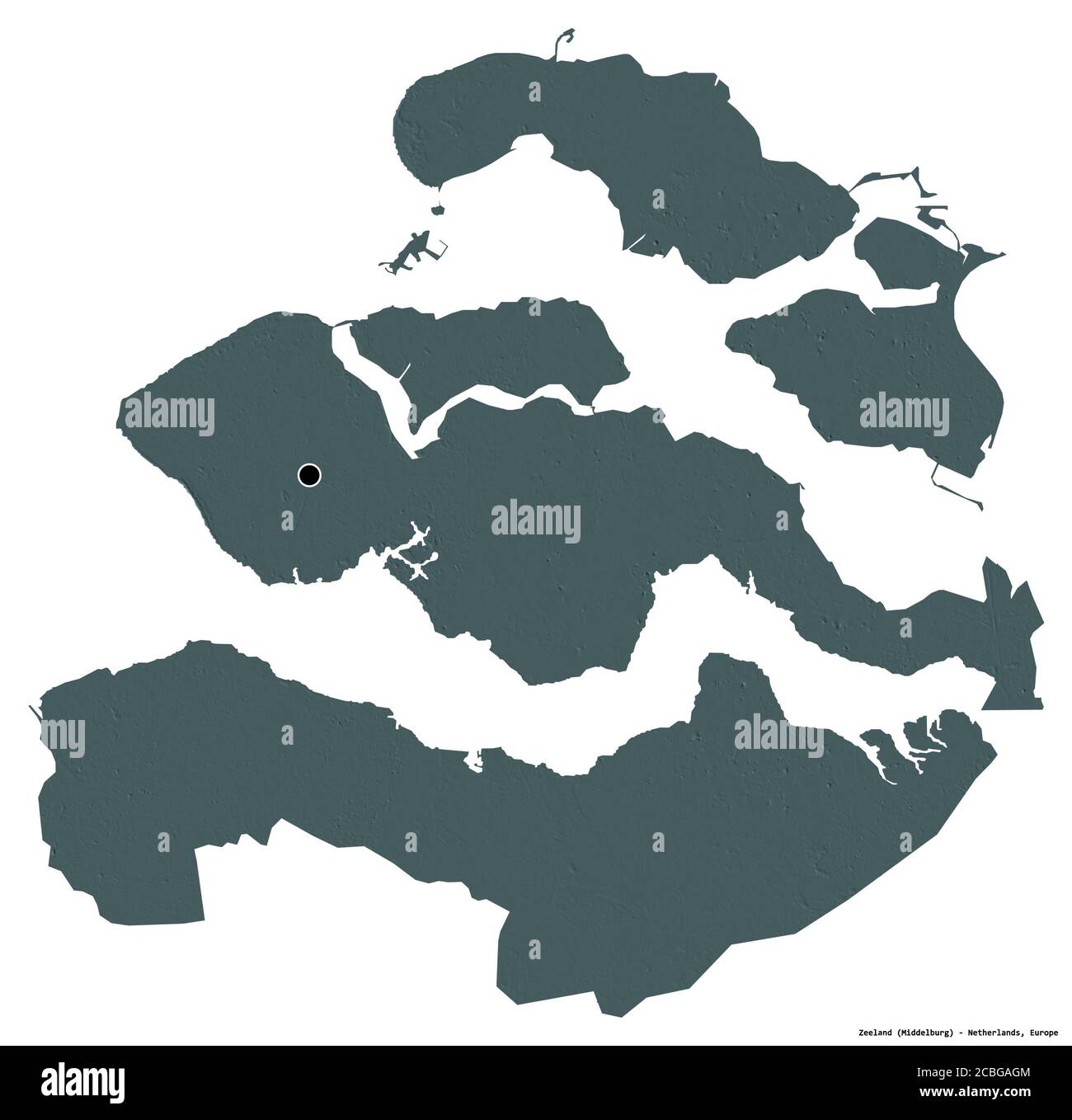 Forme de Zélande, province des pays-Bas, avec sa capitale isolée sur fond blanc. Carte d'altitude en couleur. Rendu 3D Banque D'Images
